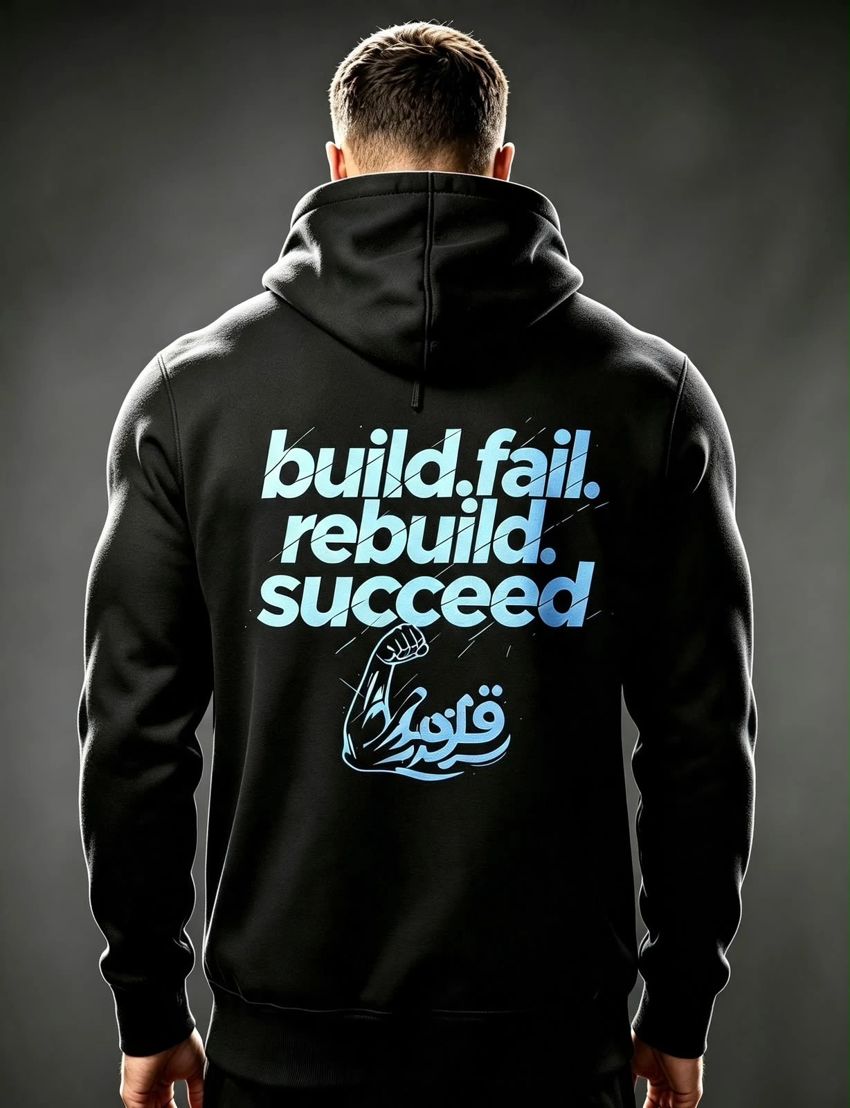 Back of black Quwwah hoodie with electric blue build fail rebuild succeed print